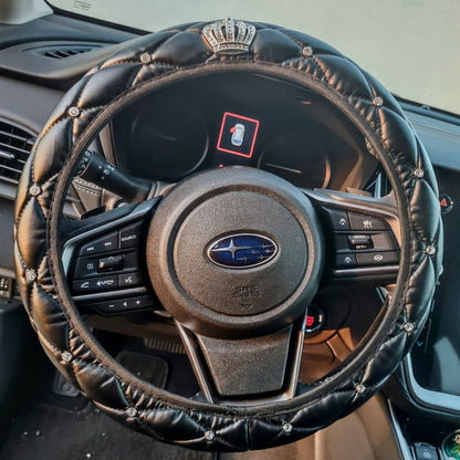 Black Leather Bling Steering Wheel Cover Rhinestone Crown Auto Decor