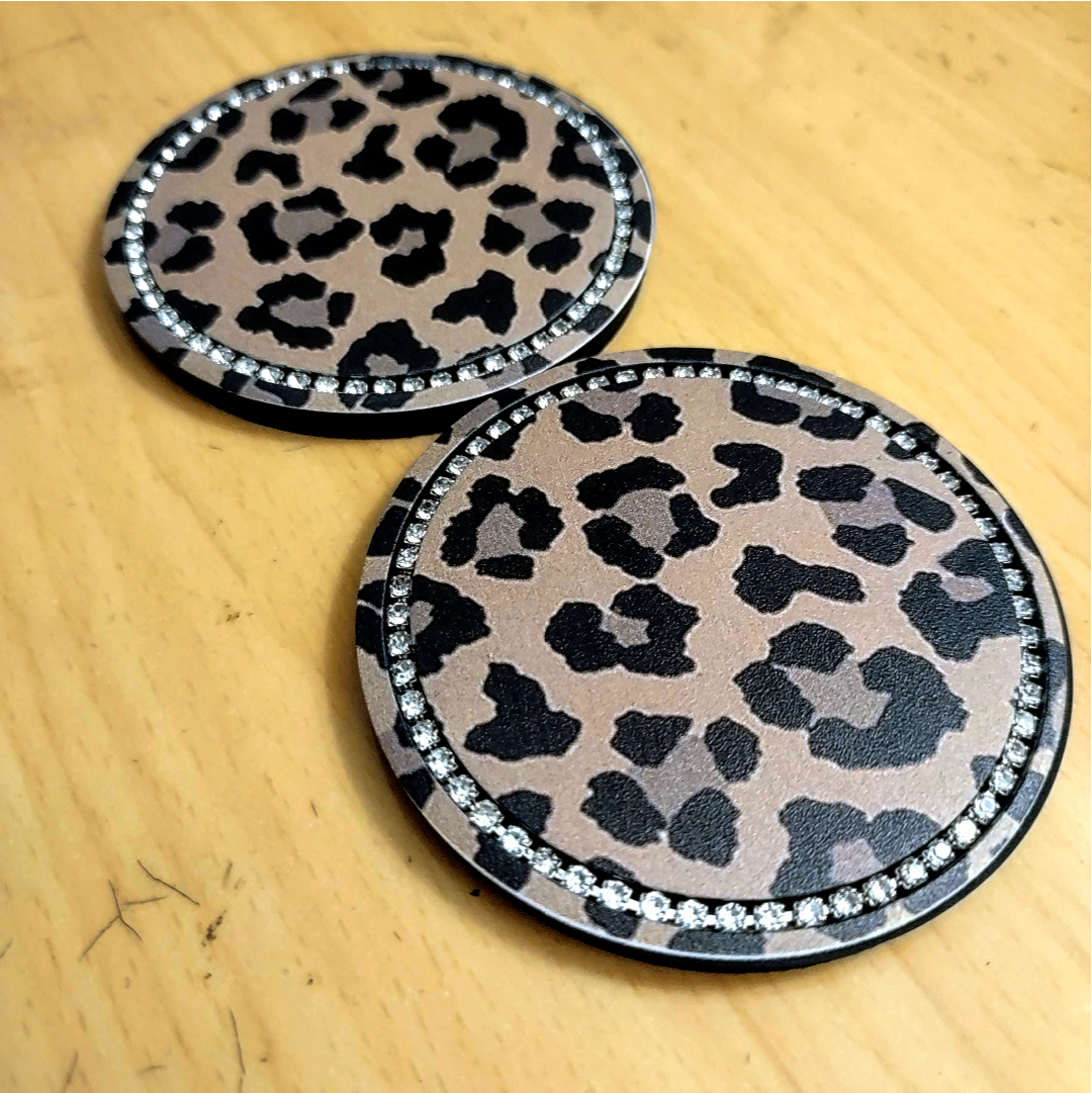 2pc Women's Cute Leapord Print Rhinestone Car Cup Holder Coasters Universal Fit For Cars Trucks SUVs