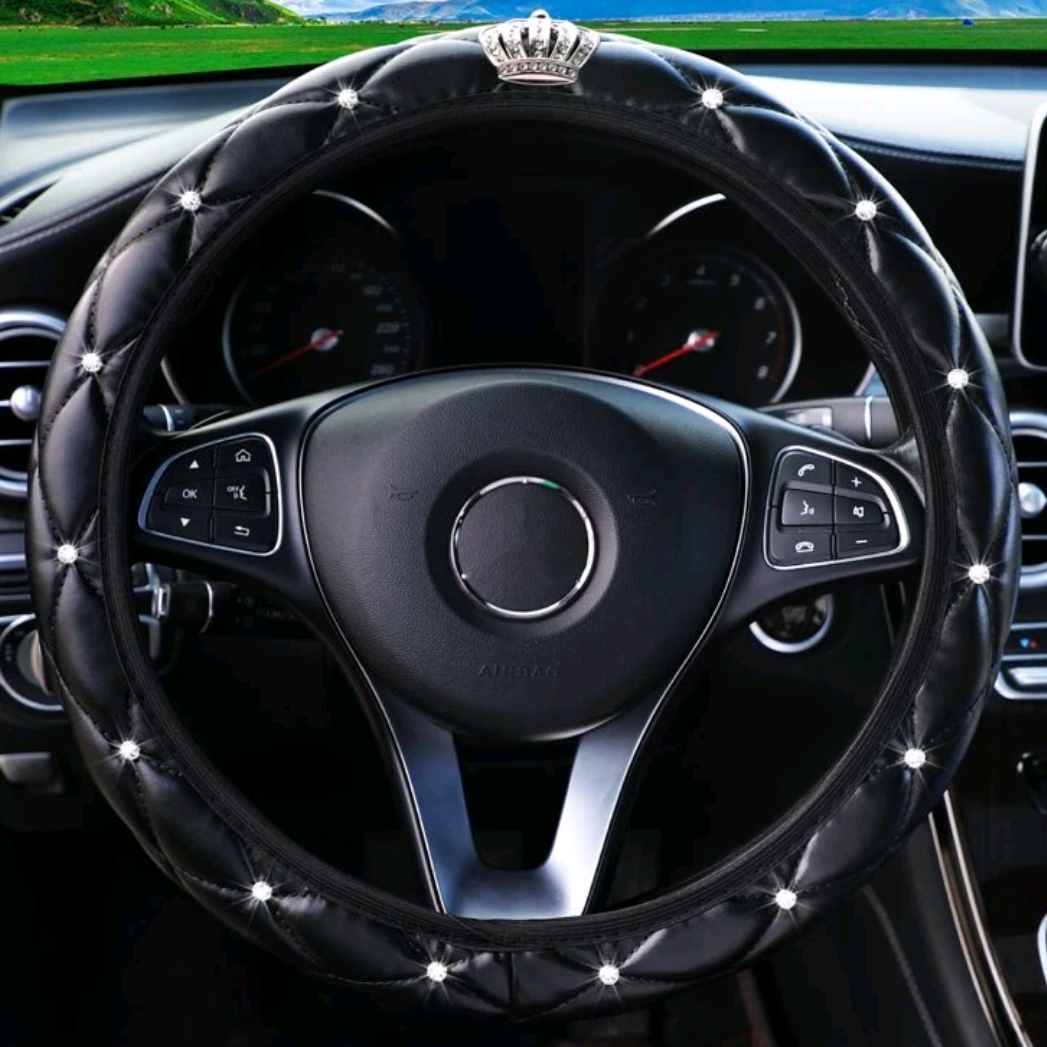 Black Leather Bling Steering Wheel Cover Rhinestone Crown Auto Decor