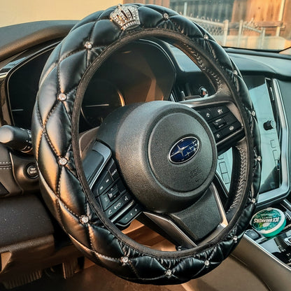 Black Leather Bling Steering Wheel Cover Rhinestone Crown Auto Decor