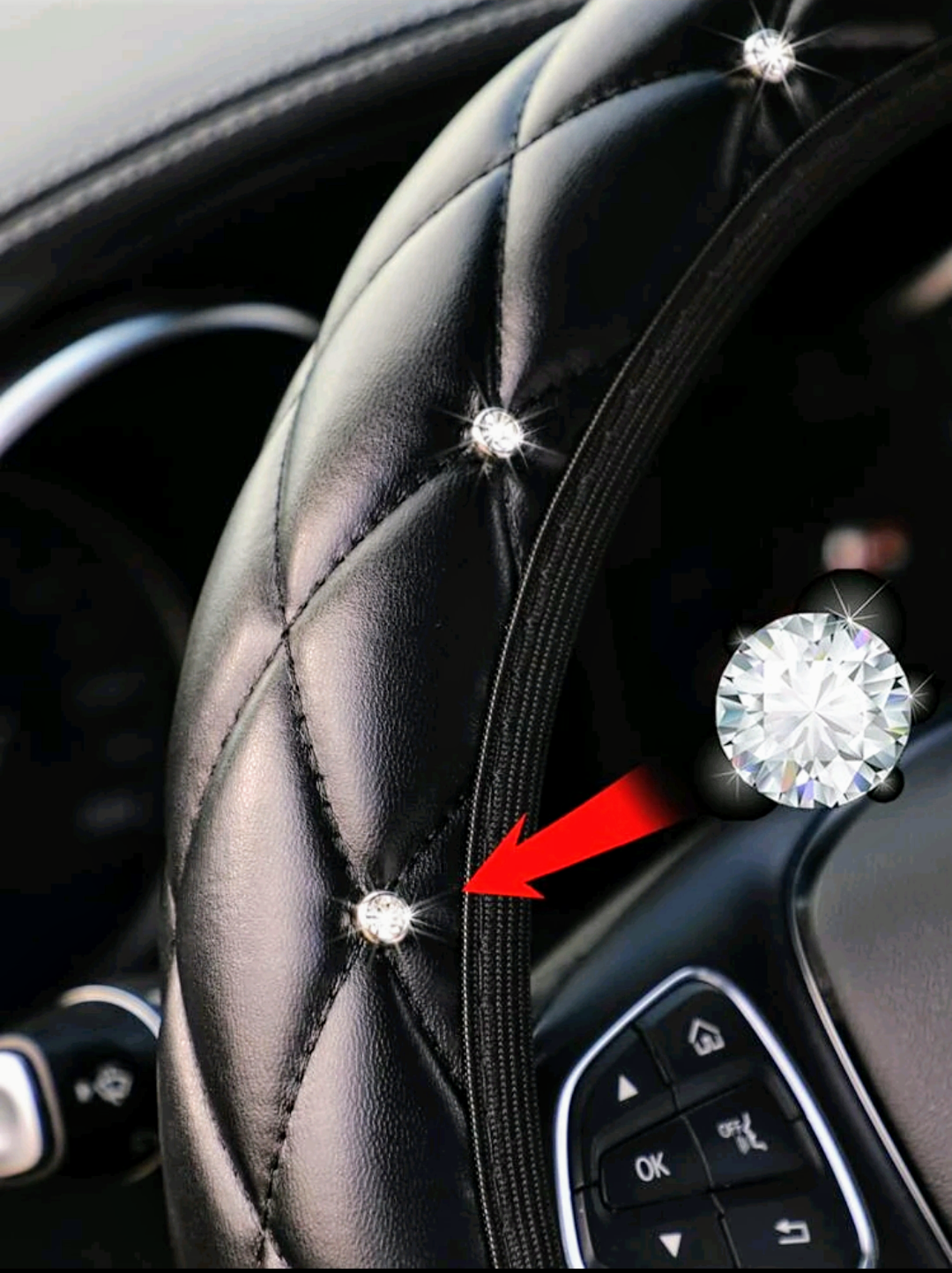 Black Leather Bling Steering Wheel Cover Rhinestone Crown Auto Decor