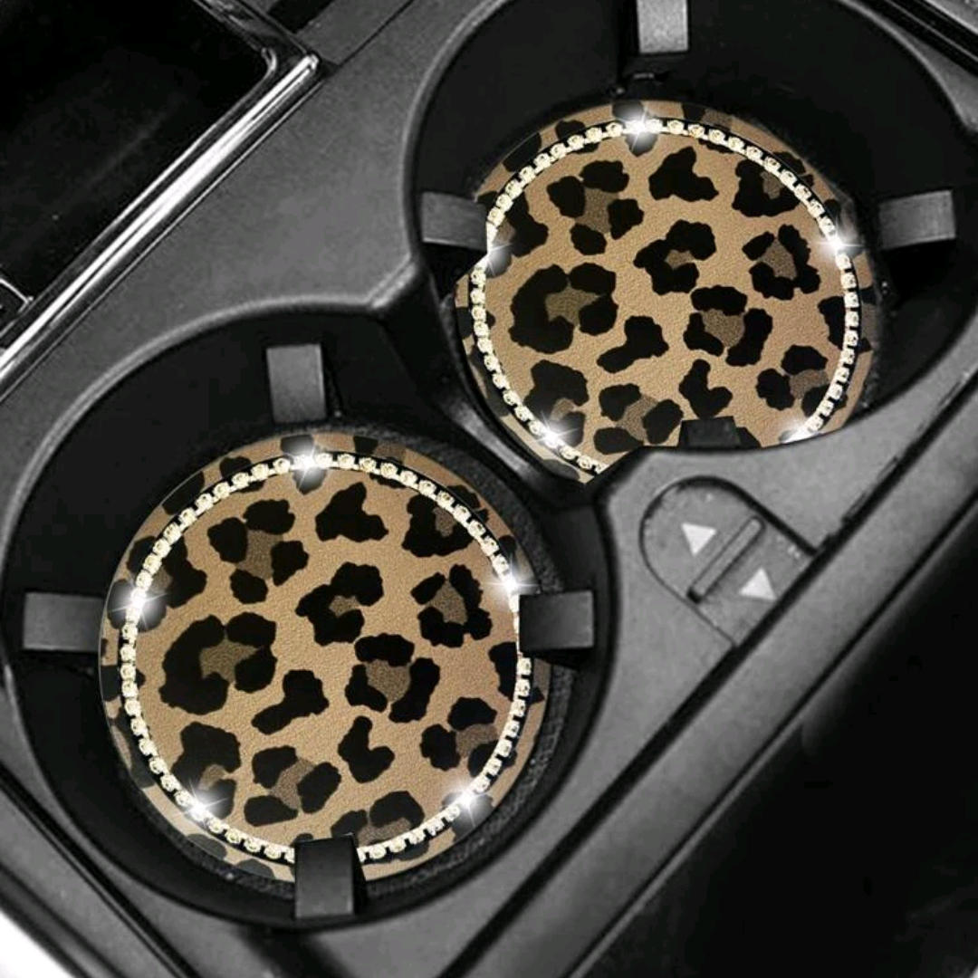 2pc Women's Cute Leapord Print Rhinestone Car Cup Holder Coasters Universal Fit For Cars Trucks SUVs