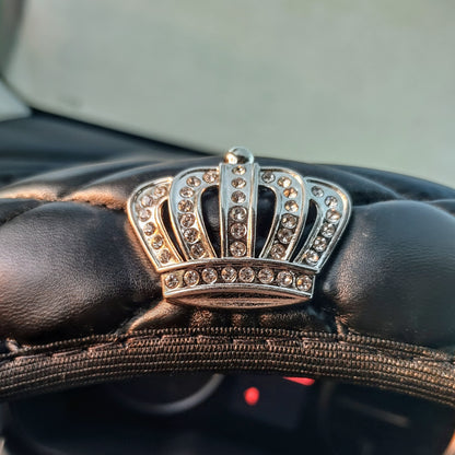 Black Leather Bling Steering Wheel Cover Rhinestone Crown Auto Decor